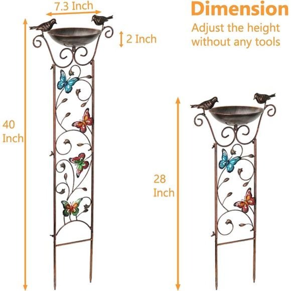 Bird Bath with Trellis Outdoor,Antique Garden Iron Plant Trellis with Decorative - Picture 3 of 6